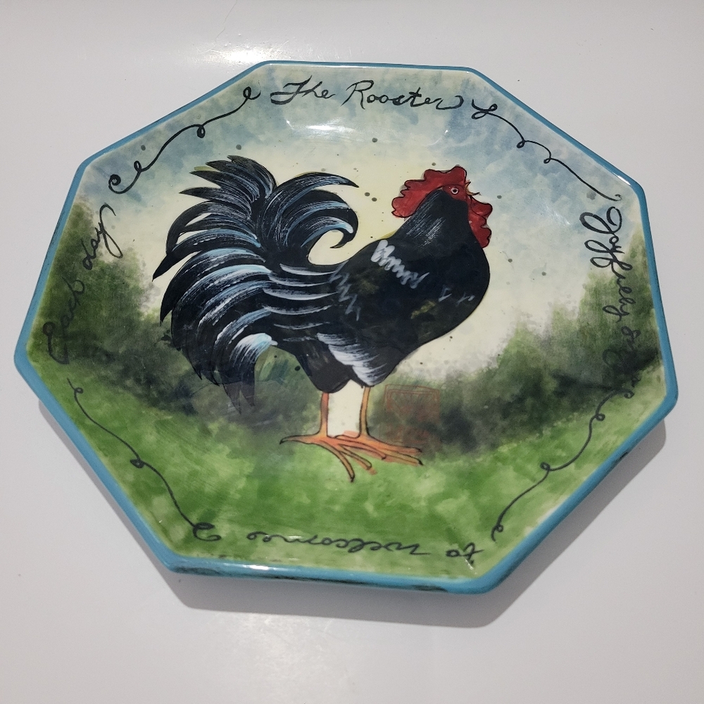 Certified international Susan Winget Black Rooster Dinner Plate octogon 11.5"